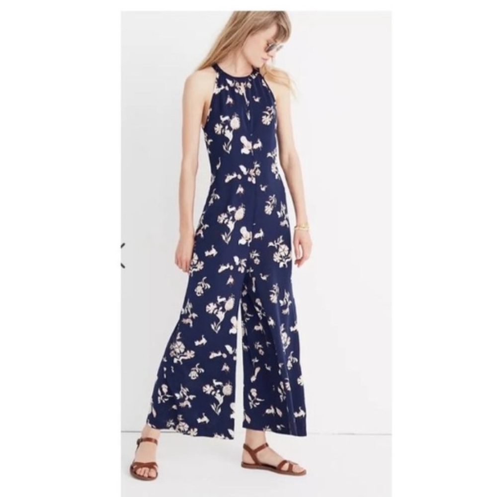 Madewell Satin Wide Leg Floral Jumpsuit Navy Blue